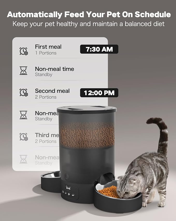 SURDY Automatic Cat Feeder for 2 Cats, 3L Food Dispenser Auto Cat Feeder with 2 Stainless Bowls, 10s Meal Call Dual Power Supply and Timer Setting 12 Portions 6 Meals Per Day for Cats and Dogs