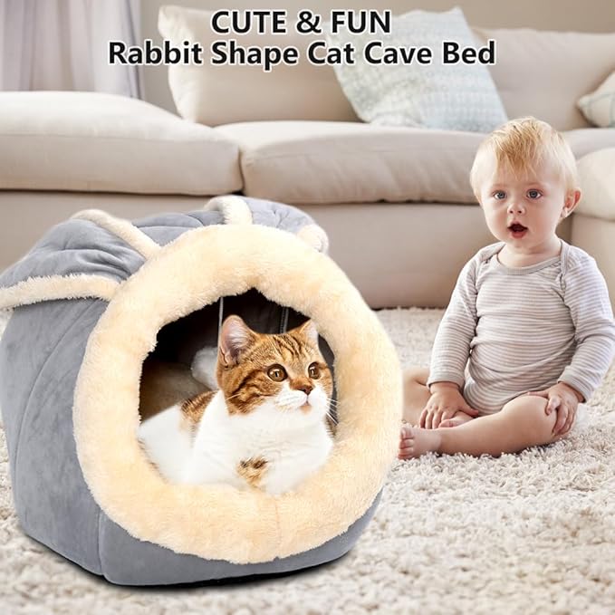 Cat Beds for Indoor Cats - Rabbit-shaped Cat Cave Bed with Hanging Toy,Super Soft Calming Pet Bed for Kitten&puppy,Small Dog,Warm Plush&Machine Washable&Removable Cotton Pad,Cat Hideaway(Grey M)