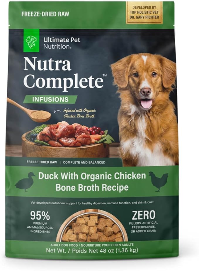 ULTIMATE PET NUTRITION Nutra Complete Bone Broth Infusions, 100% Freeze Dried Raw Veterinarian Formulated Dog Food with Antioxidants Prebiotics and Amino Acids (3 Pound, Bone Broth Duck)