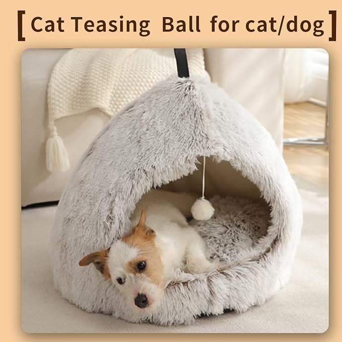 Hezotco Large Cat Bed for Indoor Cats, Soft Fluff Indoor Dog House& Cat Cave for Small Dogs. Pet House for Puppy with Cat Teasing Ball 22.8"*18.5"*22.8"(Coffee+White)