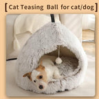 Hezotco Large Cat Bed for Indoor Cats, Soft Fluff Indoor Dog House& Cat Cave for Small Dogs. Pet House for Puppy with Cat Teasing Ball 22.8"*18.5"*22.8"(Coffee+White)