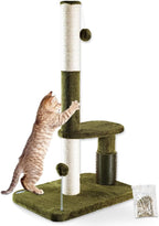 Happi N Pets 34“ Tall Cat Scratching Post for Big Cats, Natural Sisal Cat Scratchers for Indoor Cats, Heavy Duty Cat Stands Featuring with Cat Self Groomer and Hanging Toys, Free Catnip-Green