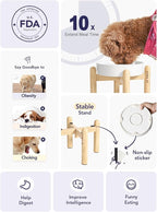 LE TAUCI Ceramic Slow Feeder Dog Bowls Elevated, 1.5 Cups Raised Dog Bowl with Wooden Stand for Small Medium Breed to Slow Down Eating, Puzzle Food Bowl,Angel White