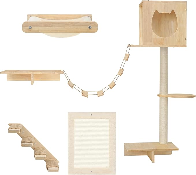 HOOBRO Wood Cat Wall Shelves, Set of 5 Cat Wall Furniture, Cat Corridor, Cat House, Cat Plush Hammock, Scratching Board and Cat Climbing Shelves, Sturdy, Durable and Safe, Natural NL45CS03