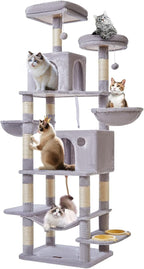 Taoqimiao 76-Inch Cat Tree Cat Tower for Indoor Cats, Plush Multi-Level Cat Condo with 12 Scratching Posts, 2 Perches, 2 Caves, Hammock, 2 Pompoms MS016W Light Gray
