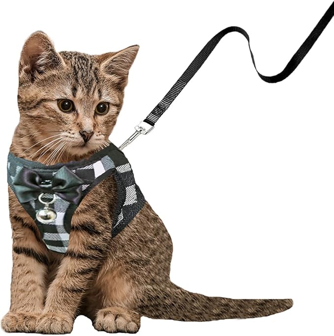 Cat Leashes and Harnesses for Walking,Breathable Soft Kittens Vest for Cats Dogs, Kitten Harness Escape Proof with Bell and Bow-Knot Decoration Christmas(XXS, Black-White)