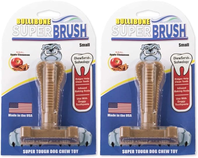 Bullibone SuperBrush: Dog Teeth Cleaning Brushing Toothbrush Stick - Long Lasting Nylon Apple Cinnamon Chew Toy for Oral Care and Dental Health