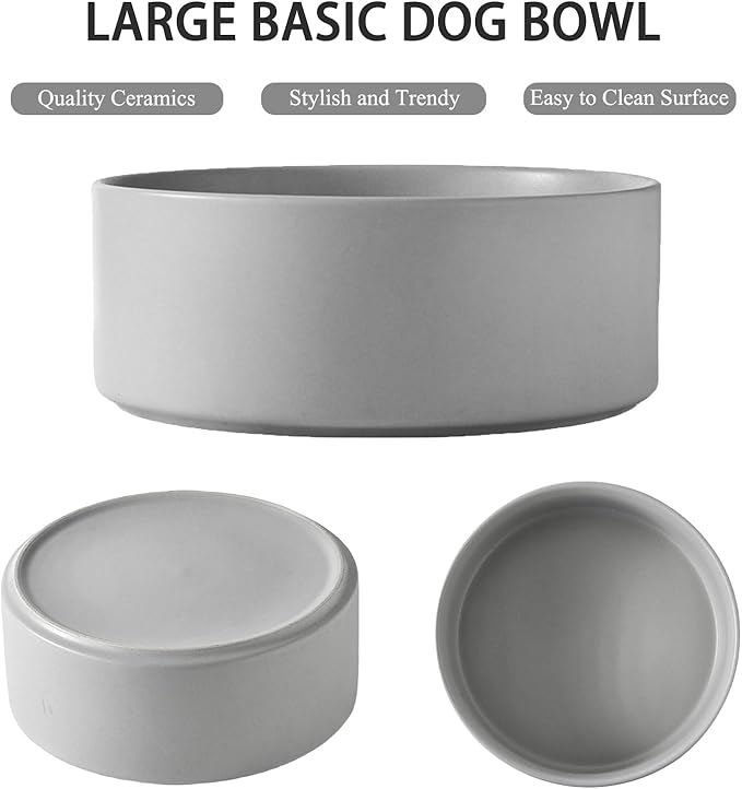 8'' Ceramic Dog Bowl - 70Oz Classic Dogs Food & Water Bowl for Medium and Large Breeds, Heavy-Duty Non-Slip Dog Dish, Food Grade Stoneware Pet Bowl, Dishwasher & Microwave Safe, Grey