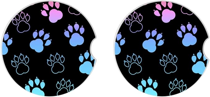2 Pack Absorbent Car Coasters for Cup Holders,Ceramic Coasters with Cork Back and Finger Slot, Auto Accessories for Women & Men,2.56"(Gradient Black Dog paw Print)