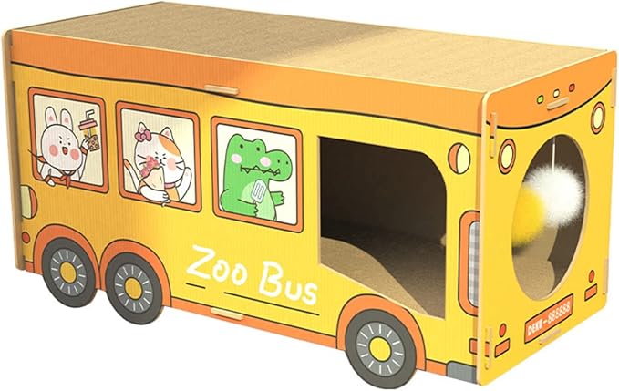 SHENGOCASE Wooden Jumbo 26.4" x 11.8" Extra Large Bus Shaped Cat Scratcher House for Big Cat Maine Coon, Cardboard Cat House with Scratching Pad for Indoor Cats