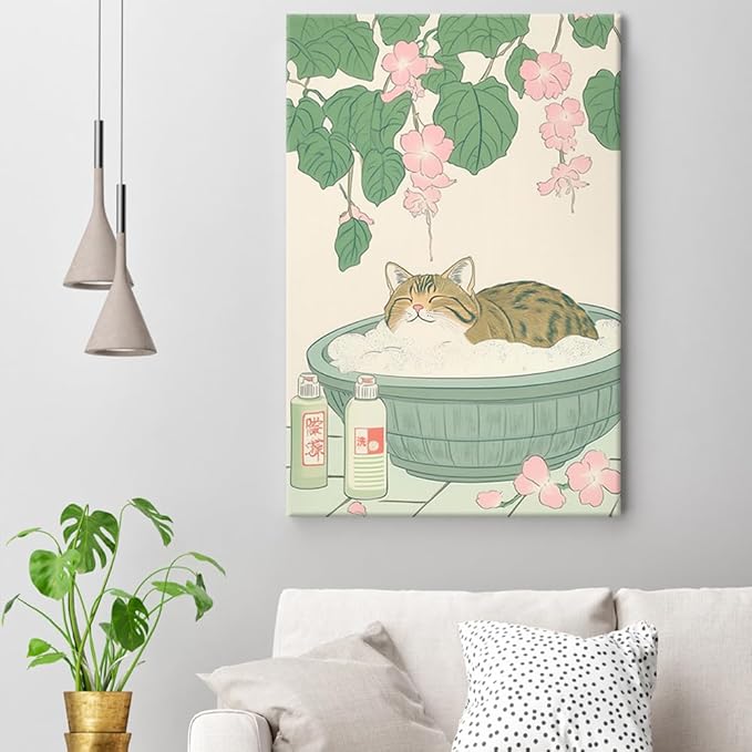 Vintage Tabby Cat in Bathtub Wall Art Funny Japanese Poster Print Relaxation Decor Cute Animal Pet Canvas Neutral Japan Painting for Bathroom Dorm Living Room Home Aesthetic 16x24inch Framed