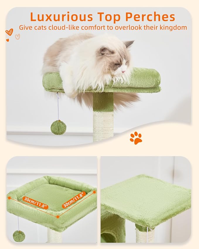 Taoqimiao Cat Tree, 61-Inch Cat Tower for Indoor Cats, Plush Multi-Level Cat Condo with 5 Scratching Posts, 2 Perches, 2 Caves, Hammock, 2 Pompoms, MS013SGR Green