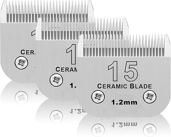 3 Pack 15# Detachable Pet Dog Grooming Ceramic Blades,Compatible with Andis,Oster A5,Wahl KM-10 Series,Size 15# Blade 3/64-Inch 1.2MM Cut Length