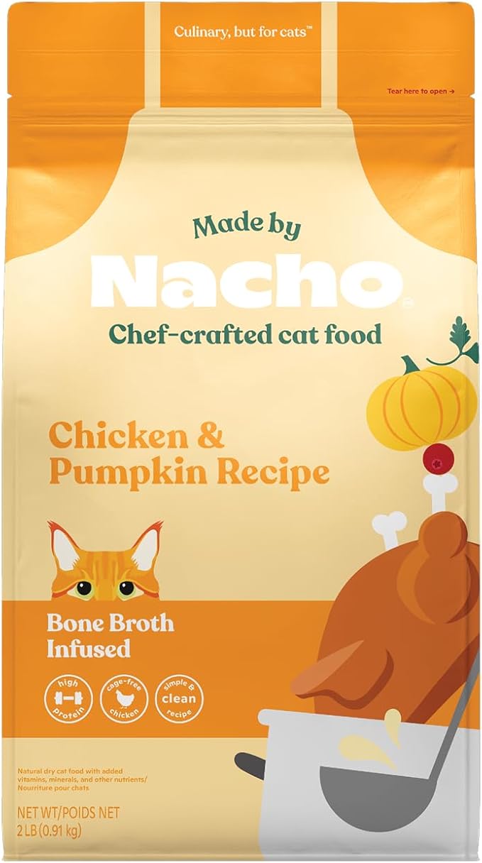 Made by Nacho Dry Cat Kibble 2lb Bag, High Protein and Grain-Friendly Premium Cat Food, Cage-Free Chicken & Pumpkin Recipe, Infused with Bone Broth for Hydration, Limited Ingredients, Single Bag