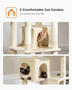 PAWZ Road 70 Inch Cat Tower, Tall Cat Tree with 2 Cozy Condos, 2 Plush Perch, Large Basket, 2 Scraching Pad & 6 Scraching Posts for Indoor Cats Large Adult, Beige