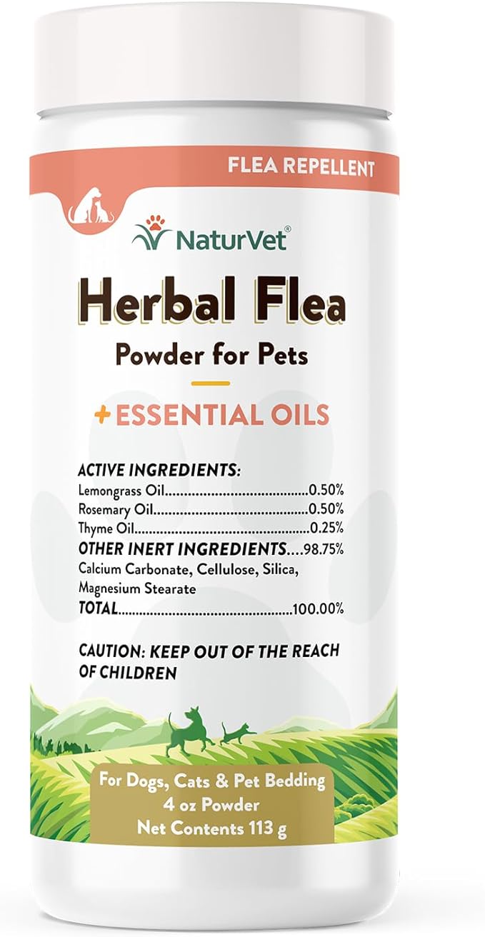 NaturVet – Herbal Flea Plus Essential Oils – Essential Oils Help to Keep Fleas Away– Deodorizes with a Fresh Herbal Fragrance – for Dogs & Cats – 4 oz Powder