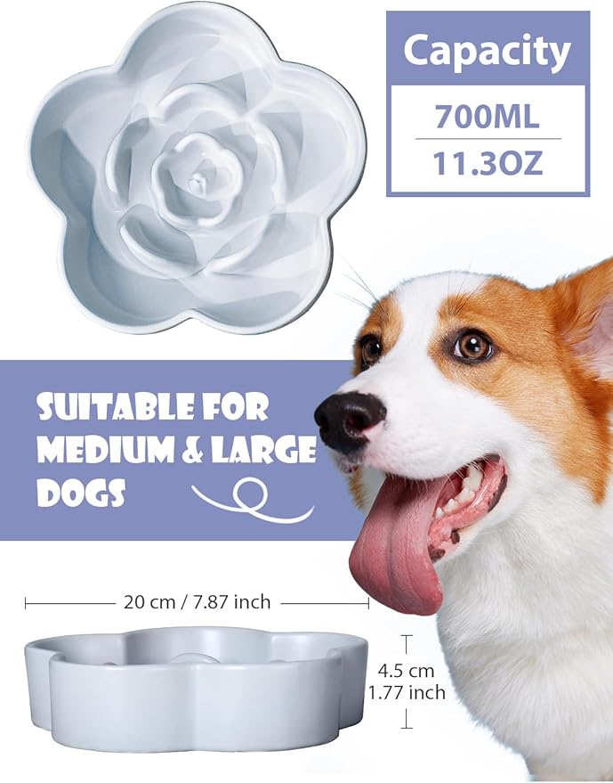 Ceramic Slow Feeder Dog Bowl, Anti-Choking Slow Food Bowls, 8" 11.3oz Slow Feeder for Medium, Large Breeds, Plum Puzzle Design, Non-Slip Silicone, Dishwasher and Microwave Safe, Blue