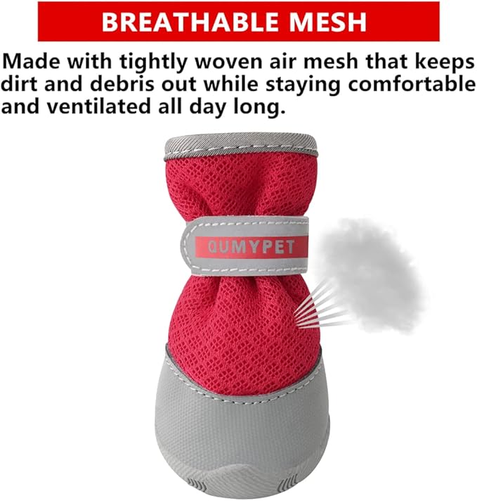 QUMY 2PCS Small Dog Shoes for Hot Pavement Summer Puppy Dog Booties with Reflective Strip Soft Comfortable Skid-Resistant Rubber Sole Red Size 4
