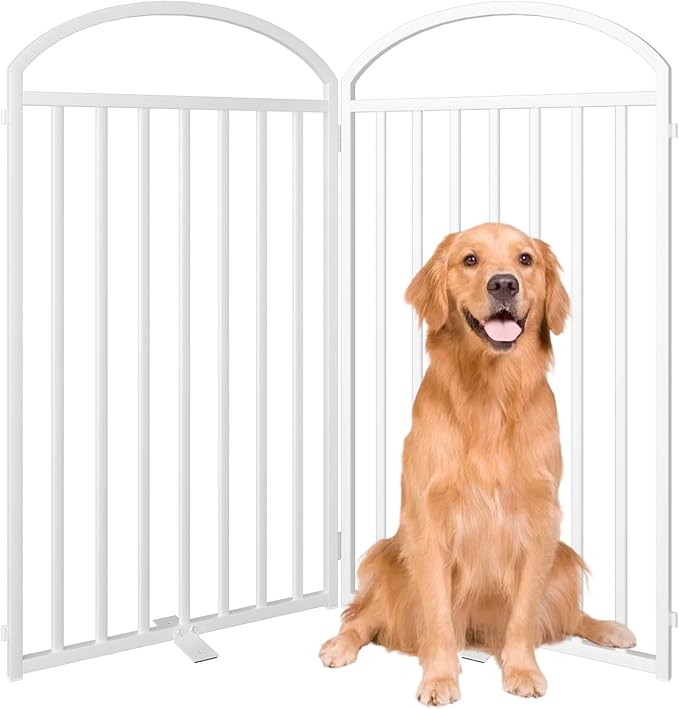 2 Panels Full Matel Freestanding Dog Gates with Door, 48"Extra Wide 36"Tall Free Standing Dog Pet Gate for Indoor & Outdoor. Foldable Pet Fences for Doorways, House, Stairs, Porch, Deck, Yard