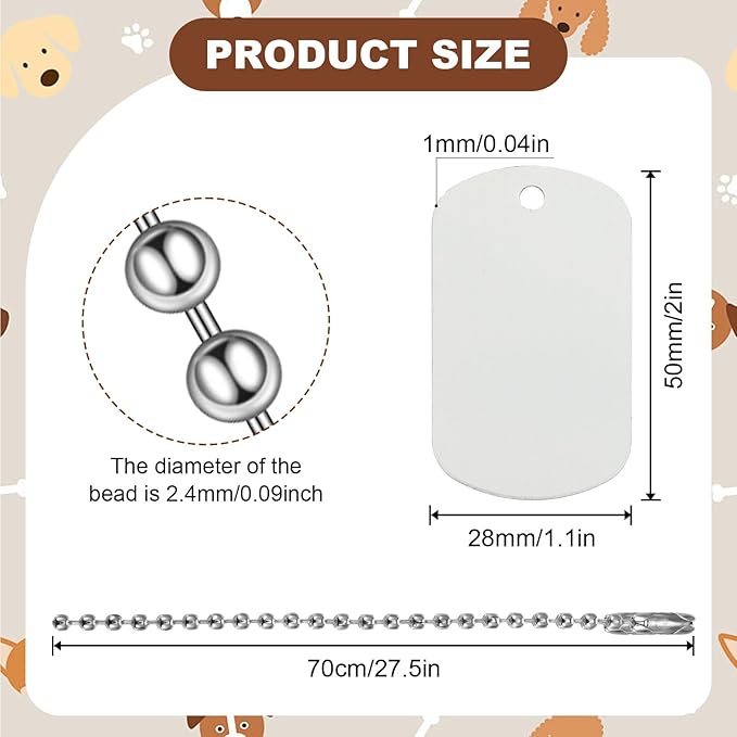 100 Pcs Personalized Dog Tags Set Including 50 Pcs Aluminum Blank Dog Tags for Engraving 50 Ball Steel Chain Rectangle Metal Blank Stamping Label for DIY Craft(Silver)