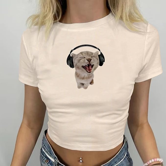 Cat Graphic Baby Tee for Women Grunge Y2k Shirt Funny Crop Tops Teens Cute Cropped Tees Aesthetic Printed Tshirts