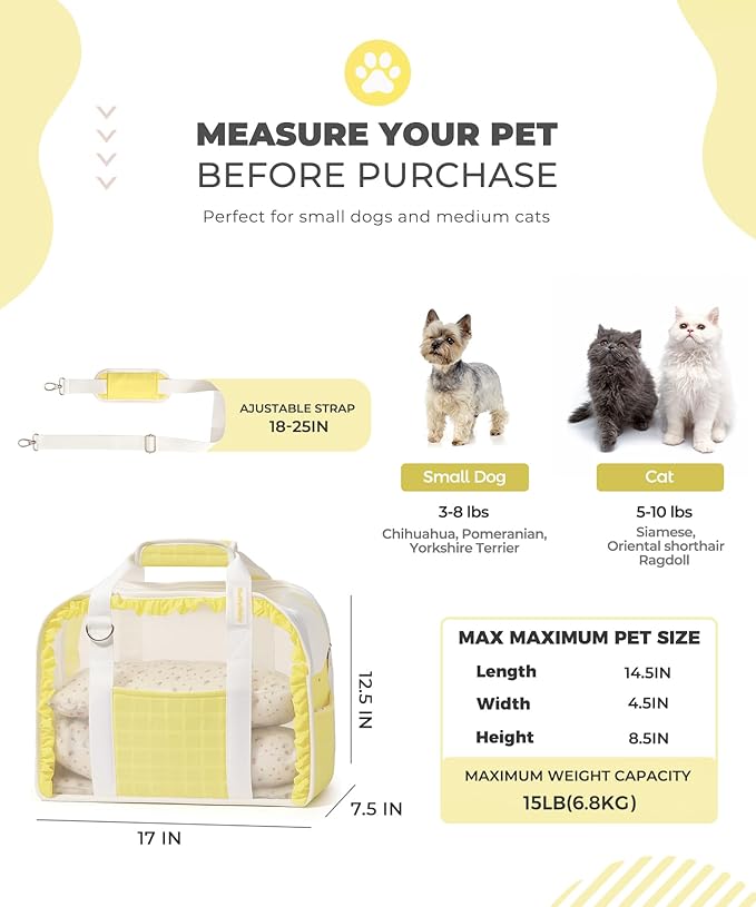 Pet Carrier for Medium Cats, Dog Carrier with Soft-Sided Cat Carriers with Breathable Mesh for Small/Medium Cats Dogs Puppies (Up to 13lbs), Foldable with Safety Buckle for Travel - Yellow