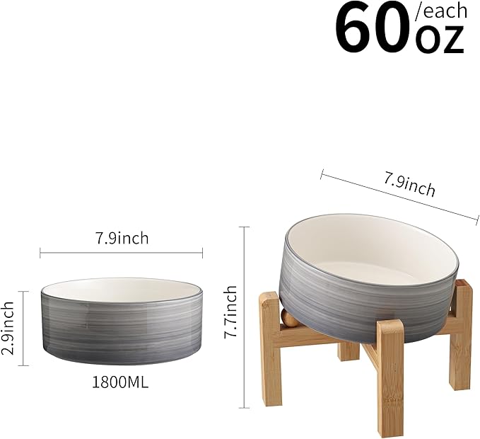 Elevated/Raised 15°Tilted Anti Slip Ceramic Dog Bowl for Medium & Large Breeds,Slanted Bulldog Big Face Pet Food Water Feeding Dish with Stand (7.6 Cups/60OZ) Grey White