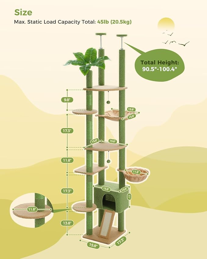 PEQULTI Tall Cat Tree, Floor to Ceiling Cat Tree Tower Adjustable [90.5''-100.4''=230-252CM] with Cat Condo, Cat Hammock and Scratching Post, Climbing Tree for Indoor Large Cats, Green