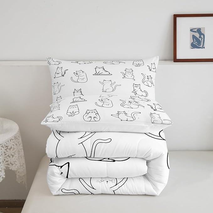 Erosebridal Cute Cat Bedding Full for Girls Boys Kids Funny Animal Comforter Set, Kawaii Pet Bedding Comforter Sets White Kitten Duvet Insert, Yoga Ballet Dance Quilted Comforter Decoratives 3 Pieces