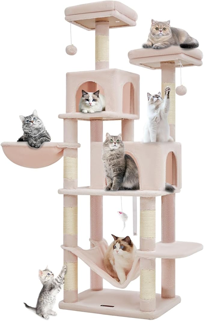 Taoqimiao Cat Tree, 66.2-Inch Cat Tower for Indoor Cats, Plush Multi-Level Cat Condo with 12 Scratching Posts, 2 Perches, 2 Caves, Hammock, 2 Pompoms, Jelly Pink MS013P
