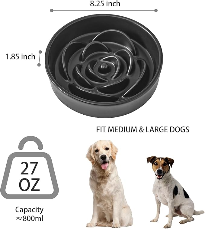 8.25'' Ceramic Slow Feeder Dog Bowls - Petal Shape Modern Dog Food Dish for Medium and Large Breeds, Puzzle Maze Bowl to Slow Down Eating, Anti-Gulping, Dishwasher & Microwave Safe, Black