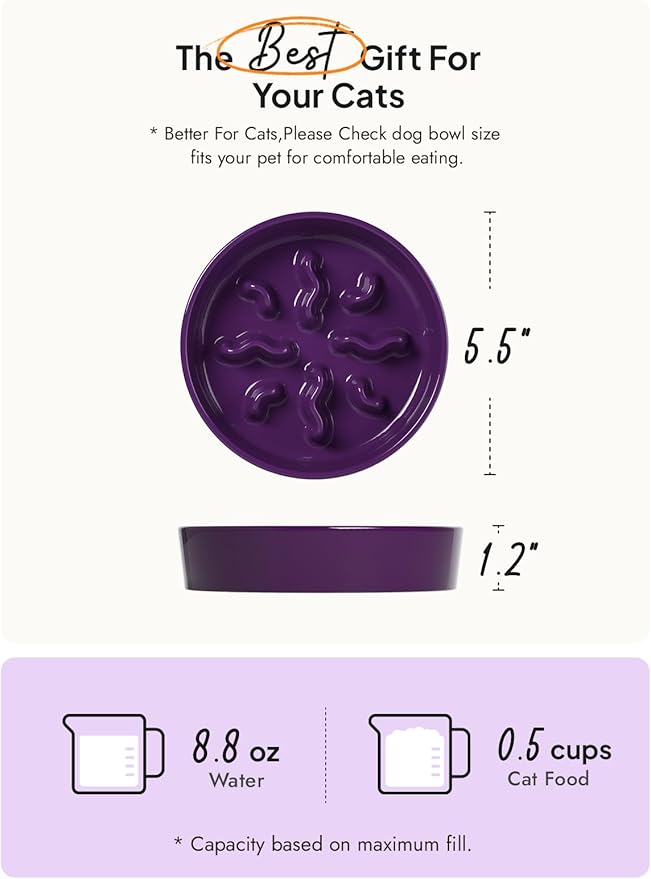 Ceramic Slow Feeder Dog Bowls Small Breed, 0.5 Cups Dog Food Dish for Fast Eaters, Puzzle Bowl for Small Dogs and Cats, 5.5 Inch-Purple