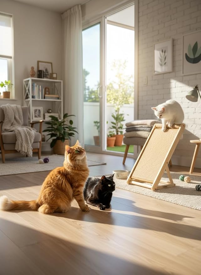 Cat Scratcher with Ramp, 22-inch Natural Sisal & Solid Wood, Tool-Free 2-Step Assembly, Stable Triangle Base for Indoor Cats (Brown)