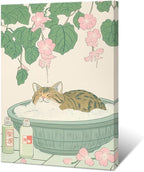 Vintage Tabby Cat in Bathtub Wall Art Funny Japanese Poster Print Relaxation Decor Cute Animal Pet Canvas Neutral Japan Painting for Bathroom Dorm Living Room Home Aesthetic 16x24inch Framed