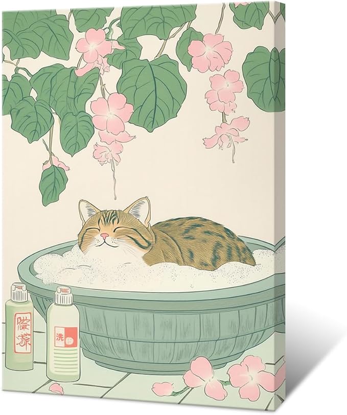 Vintage Tabby Cat in Bathtub Wall Art Funny Japanese Poster Print Relaxation Decor Cute Animal Pet Canvas Neutral Japan Painting for Bathroom Dorm Living Room Home Aesthetic 16x24inch Framed
