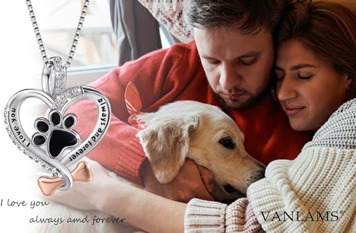 VANLAMS Womens 925 Sterling Silver Bone Love Heart Dog Paw Print Pendant Necklace I Love You Forever and Ever, Gifts for Dog Owner