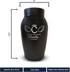 Personalized Custom Small Keepsake Urn Engraved with Pet Name, Date and Cat Design - 5.2" Black Powder Coated Steel Cremation Urn for Cat Ashes | 12-16 lb Capacity, Letters with Angel Wings and Halo
