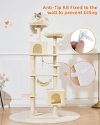 Taoqimiao Cat Tree, 68-Inch Cat Tree Cat Tower for Indoor Cats, Plush Multi-Level Cat Condo with 6 Scratching Posts, 2 Perches, 2 Caves,Hammock, 3 Pompoms,MS020SM Beige