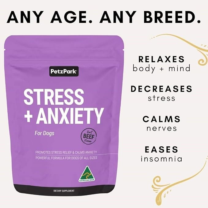 Stress and Anxiety Supplement for Dogs - Calming Dog Powder Supplement - Decreases Stress, Calms Fear & Anxiety, Eases Aggression & Insomnia, Relaxes Body and Mind - Beef Flavour - 3.2oz - 45 Scoops