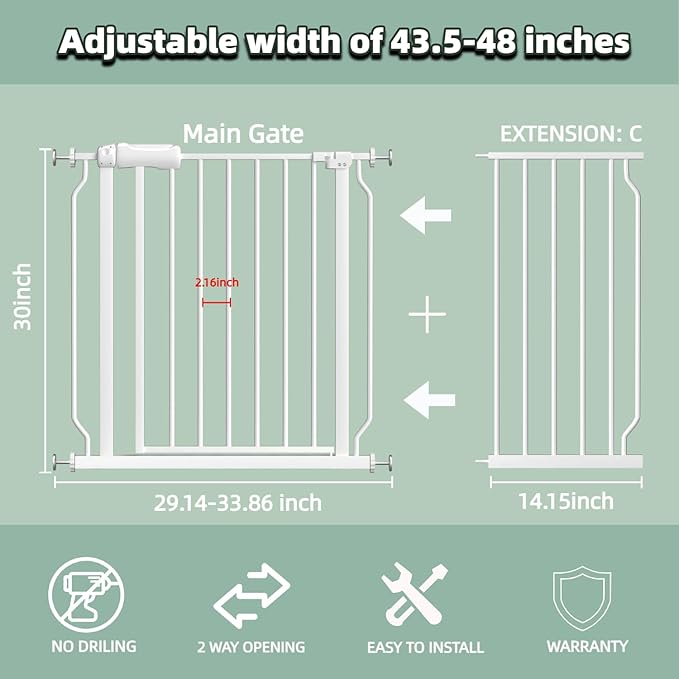 TSAYAWA Walk Through Baby Gate with Door, 43.5-48 Inch Wide Presure Mounted No Drill Metal Auto Close Child Gate for Stair Doorway - Indoor Outdoor Safty Gate for Toddler Dog Doggie, White