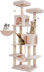 TaoqimiaoCat Tree Cat Tower for Indoor Cats, Plush Multi-Level Cat Condo with 12 Scratching Posts, 2 Perches, 2 Caves, Hammock, 2 Pompoms Jelly Pink