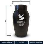 Personalized Custom Small Keepsake Urn Engraved with Pet Name, Date and Cat Design - 5.2" Black Powder Coated Steel Cremation Urn for Cat Ashes | 12-16 lb Capacity, Embrace