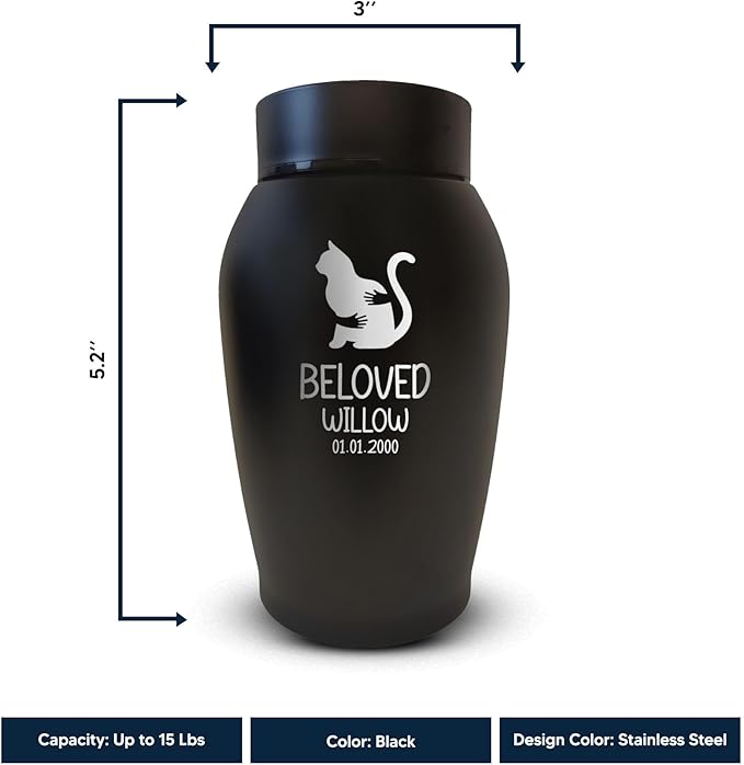 Personalized Custom Small Keepsake Urn Engraved with Pet Name, Date and Cat Design - 5.2" Black Powder Coated Steel Cremation Urn for Cat Ashes | 12-16 lb Capacity, Embrace