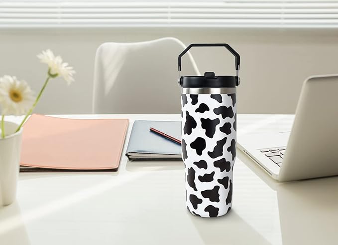 30oz Cow Print Tumbler with Handle and Straw, Stainless Steel Vacuum Insulated Coffee Tumbler, Travel Mug Water Bottle, Cow Stuff Accessories Decor, Cow Gifts for Women