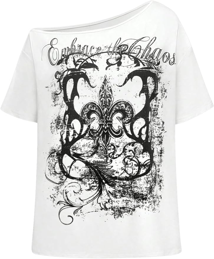 SOLY HUX Women's Off The Shoulder Tops Graphic Tees Y2k Vintage Gothic Oversized T Shirts Streetwear