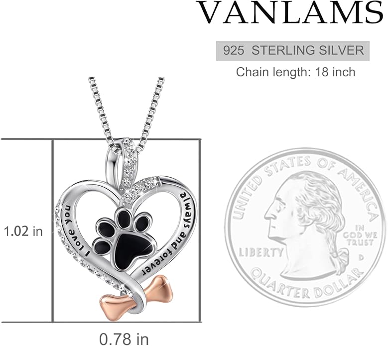 VANLAMS Womens 925 Sterling Silver Bone Love Heart Dog Paw Print Pendant Necklace I Love You Forever and Ever, Gifts for Dog Owner