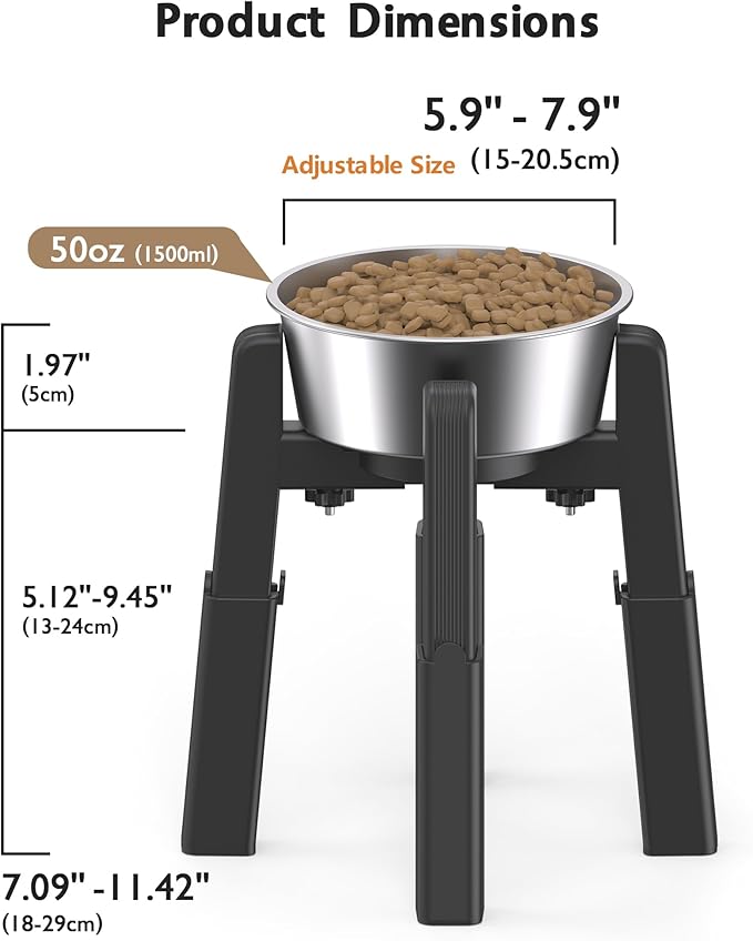 CZPET Elevated Dog Bowl, Raised Dog Bowl Stand with 51oz Stainless Steel Bowl Large Capacity, Height and Size Adjustable & Anti-Slip Stand for Large Dogs