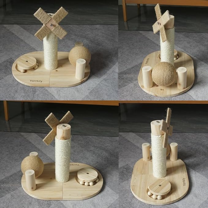 Cat Scratching Post, Cat Scratcher, Kitten Toys for Indoor,Cats Wooden Ball Track Windmill Shaped Sisal 14.5" Tall Scratch Post,Rolling Sisal Cat Scratching Ball