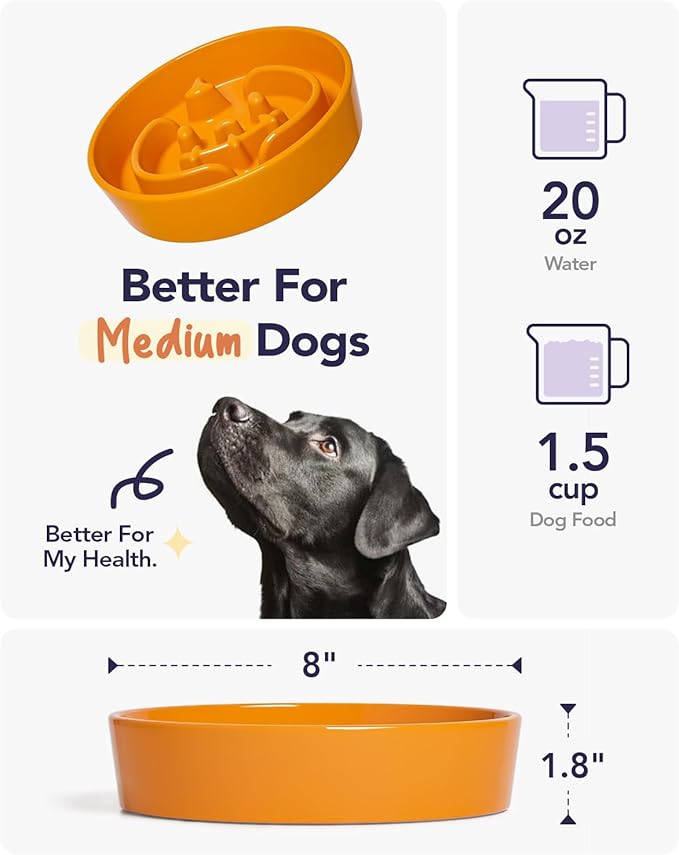 LE TAUCI Ceramic Puzzle Feeder Bowl Raised 1.5 Cup with Wood Stand for Small Medium Dog & Puppy, Fast Eating Food Dish,Pumpkin Orange