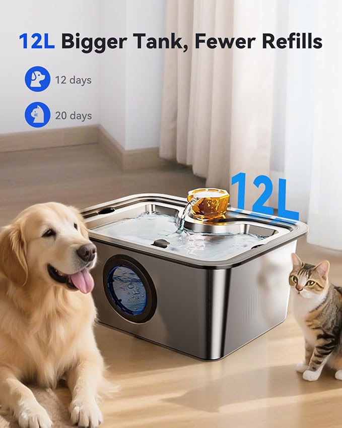 12L/3gal Stainless Steel Large Dog Water Fountain for Large Dog, Electric Pet Water Dispenser with Water Level Window&LED, Cat and Dog Fountain Water Bowl for Multi-Pet Home,Super Quiet